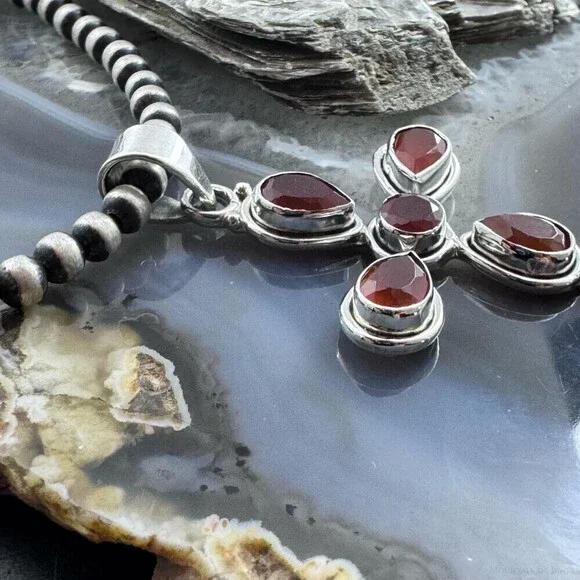Sterling Silver Southwestern Style Carnelian Decorated Cross Pendant For Women - Picture 3 of 10